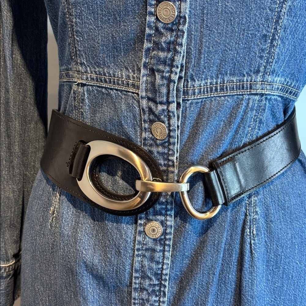 Brave 1992 black leather and elastic belt with brushed silver buckle size 36 - Picture 12 of 15